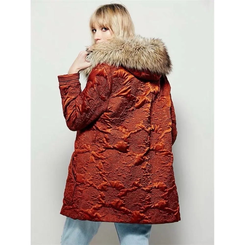 Free People Rust Quilted Winter Coat Jacket Fur Trimmed Hood - Picture 2 of 6